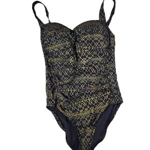 Black And Metallic Gold Tone Niptick Swim Swimsuit Size US 8 Tummy Control